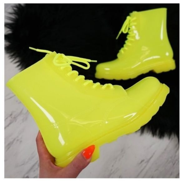 Shoes - Neon Yellow Lace Up Combat Style Rain Boots